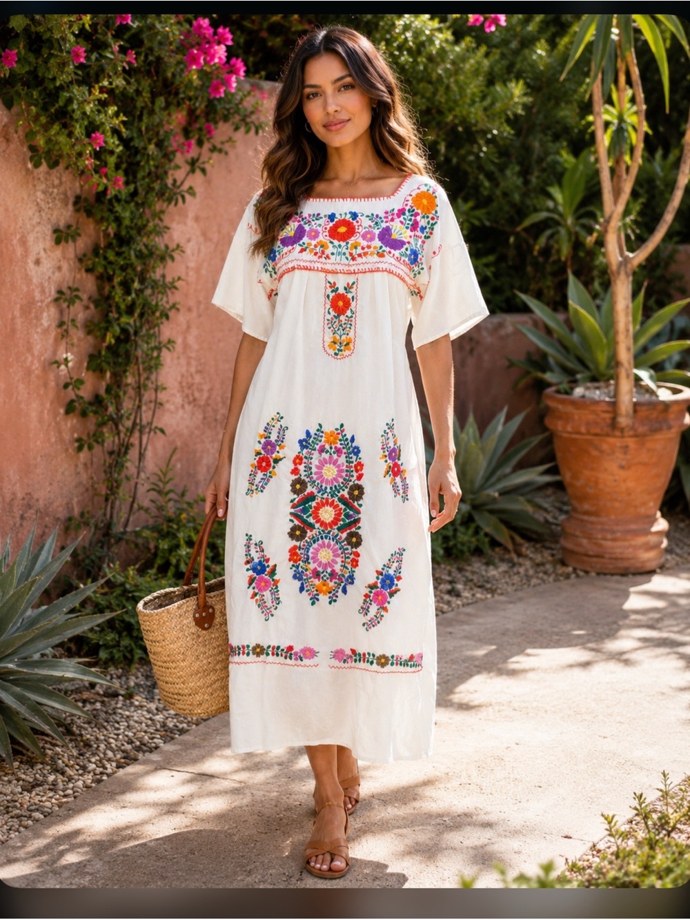 MEXICANA White Maxi Dress with Multicolor Embroidery